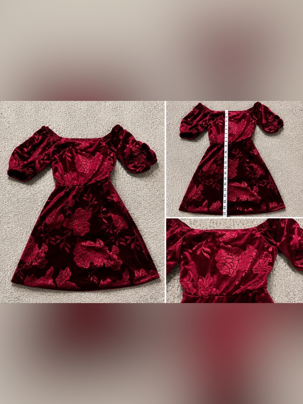 Rare Editions Burgundy Velvet Floral Dress Girls Size 8 Puff Sleeve Party NWT